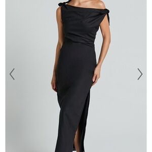MIDI DRESS - OFF THE SHOULDER SIDE SPLIT COLUMN LINEN LOOK DRESS IN BLACK